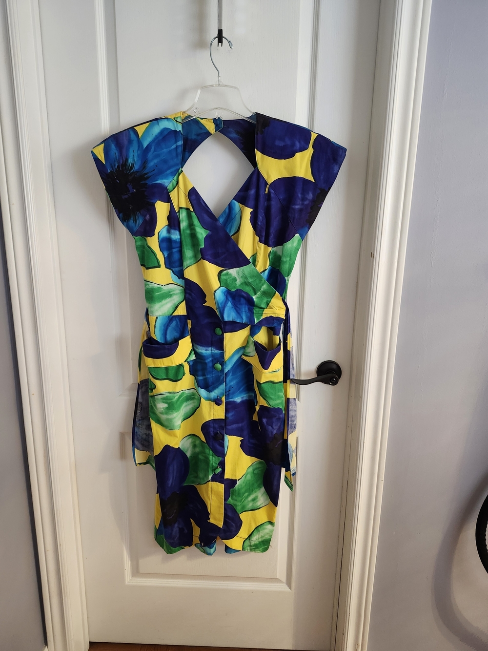 Vintage Bold Blue & Yellow Floral Midi Dress with Green Accents